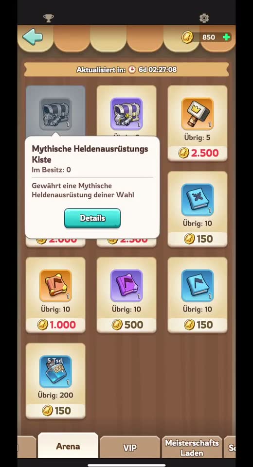 Der Arena-Shop mit der Mythischen Heldenausrüstungs-Kiste