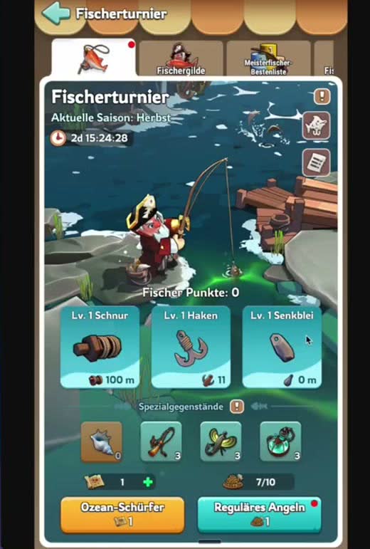 Das Fischerturnier mit Ausrüstung und verfügbaren Versuchen