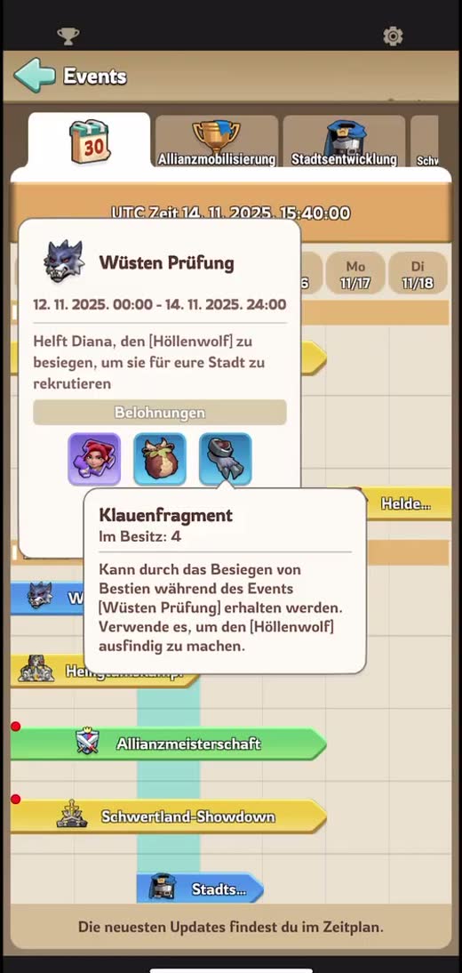 Die Wüsten Prüfung im Eventkalender mit dem Klauenfragment