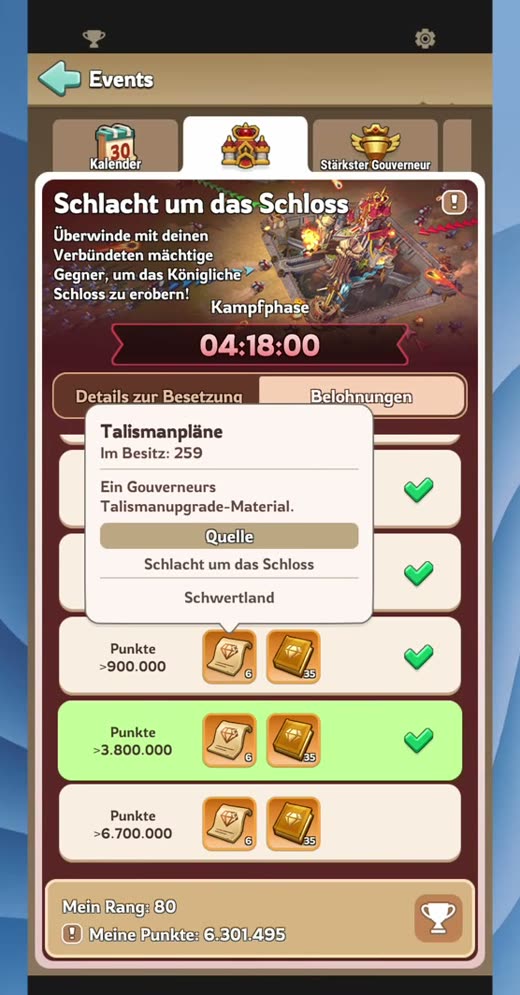 Die Belohnungsstufen der Schlacht um das Schloss
